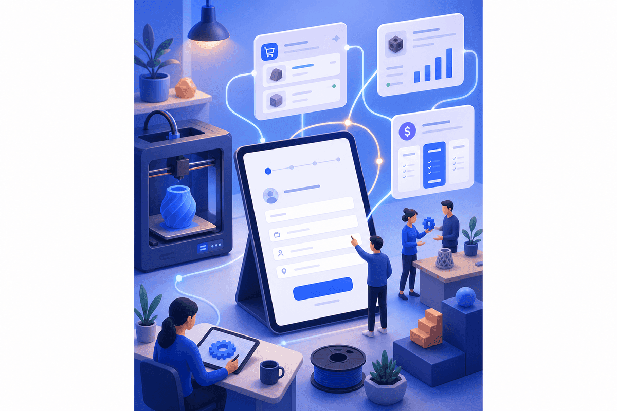 Ilustração de onboarding e gestão de pedidos 3D